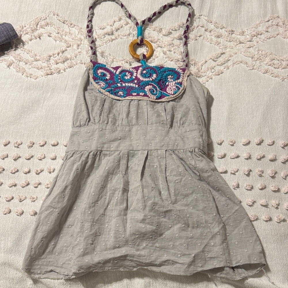 Free People Light Gray Top with Teal & Purple Accents- Size 2